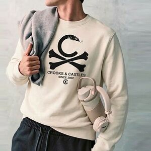 Crooks & Castles Snake Skull Print Crew Neck Sweatshirt in Cream